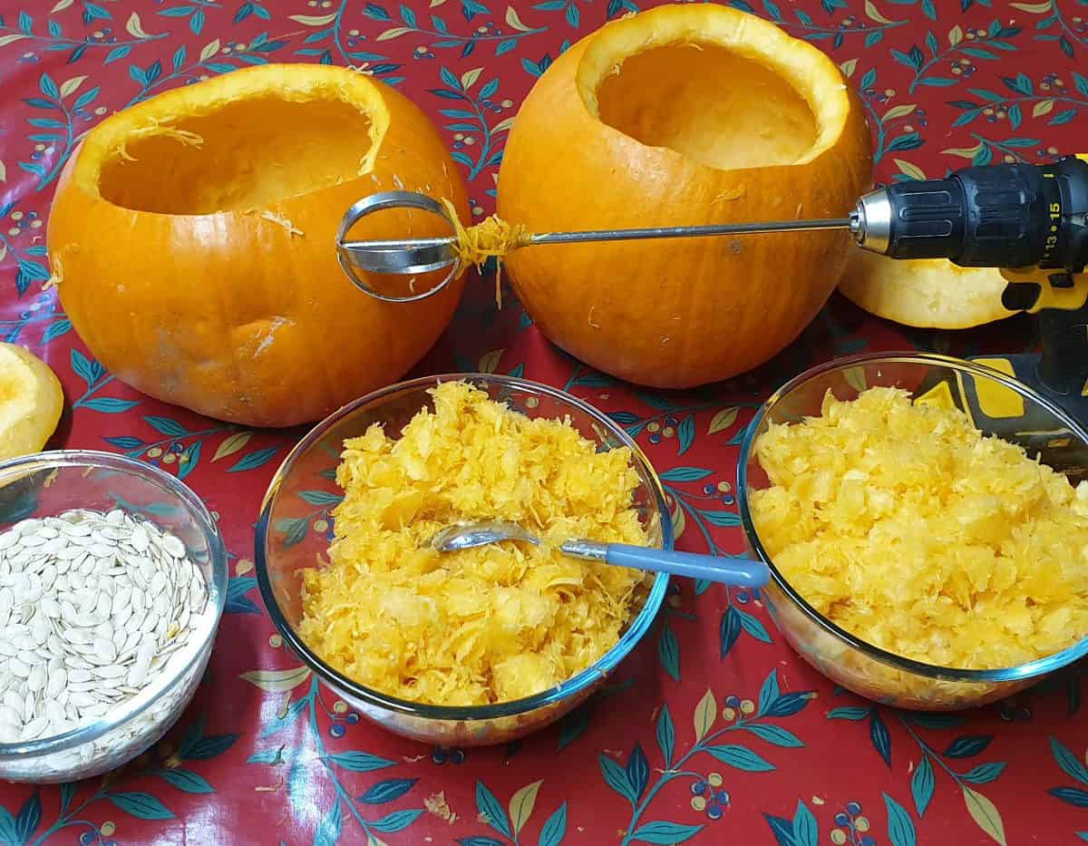 Two pumpkins gutted and seeds and pulp reserved 1