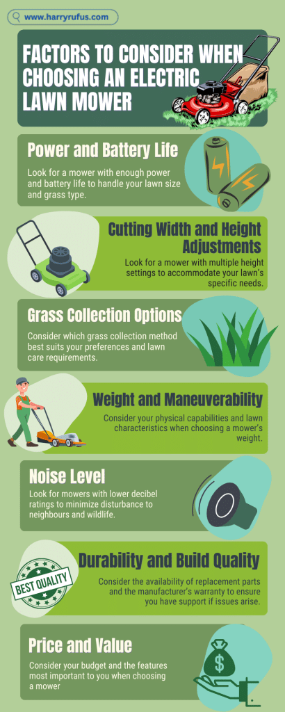 Factors to Consider When Choosing an Electric Lawn Mower infographic